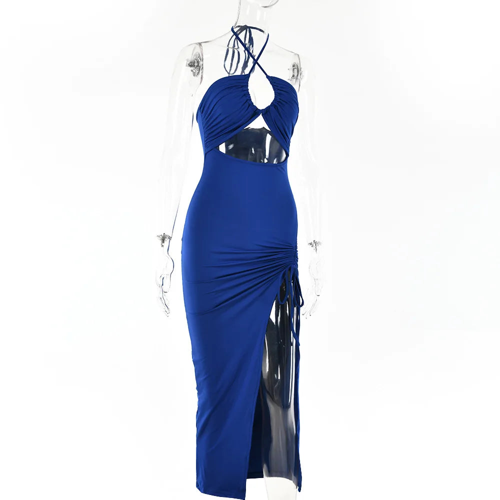 Cryptographic Hot Summer Sexy Halter Backless Sleeveless Cut Out Maxi Dress for Women Elegant Club Party Slit Dresses Vestido