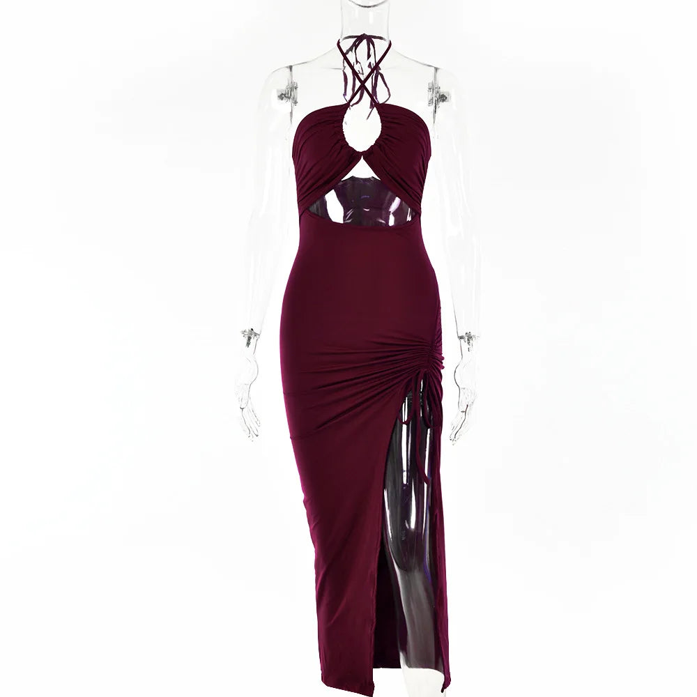Cryptographic Hot Summer Sexy Halter Backless Sleeveless Cut Out Maxi Dress for Women Elegant Club Party Slit Dresses Vestido