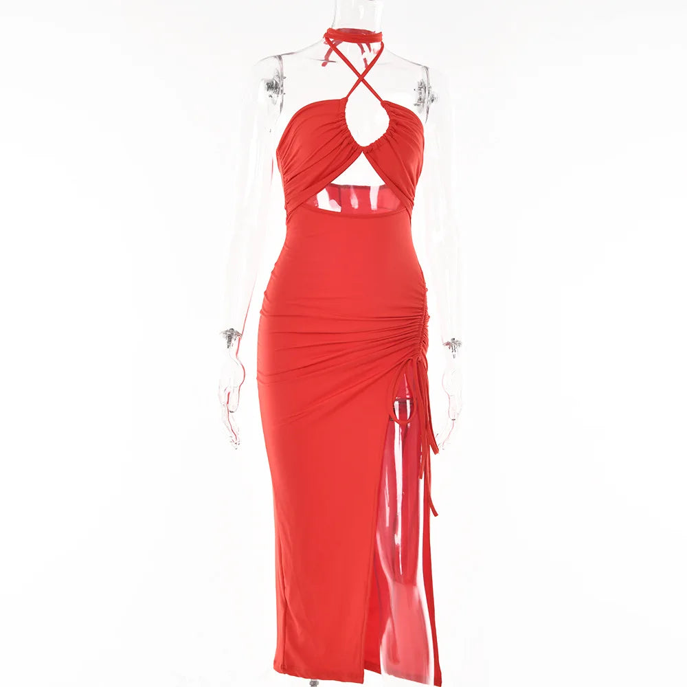 Cryptographic Hot Summer Sexy Halter Backless Sleeveless Cut Out Maxi Dress for Women Elegant Club Party Slit Dresses Vestido