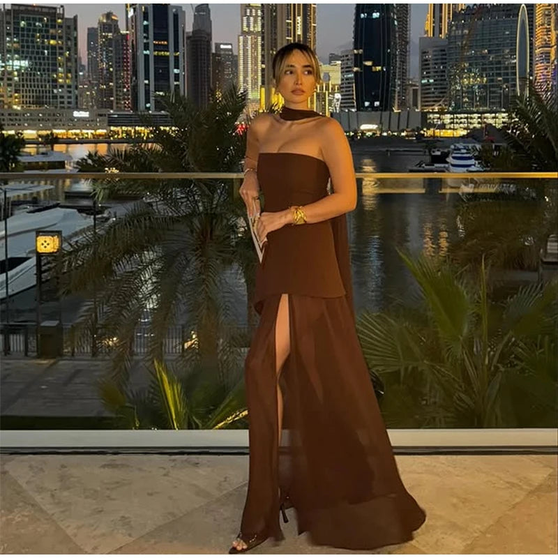 Elegant Strapless Long Dress Women Sexy Patchwork Mesh Sleeveless Sacrf Vestidos Female 2025 Spring Split Evening Dresses Lady
