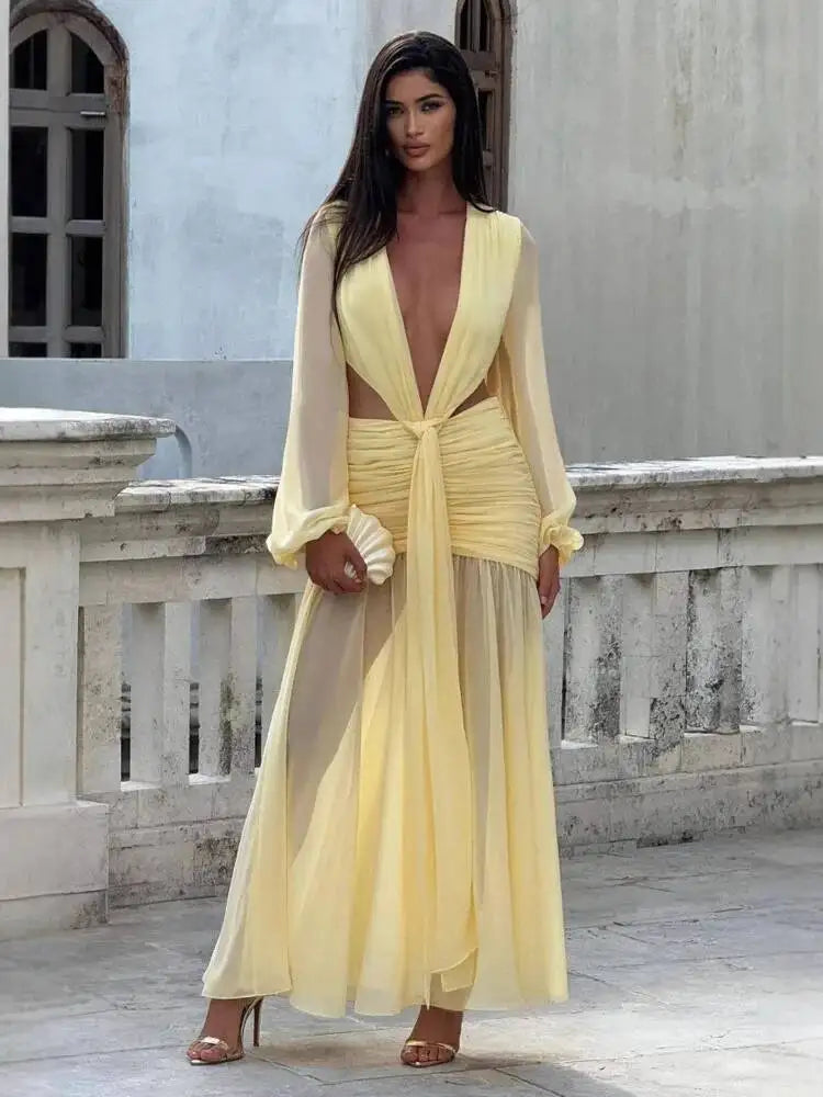 Avrilyaan  Deep V Hollow Chiffon Backless Sexy Party Dress Women 2025 Spring Summer Dress Nightclub Bodycon Maxi Long Dresses