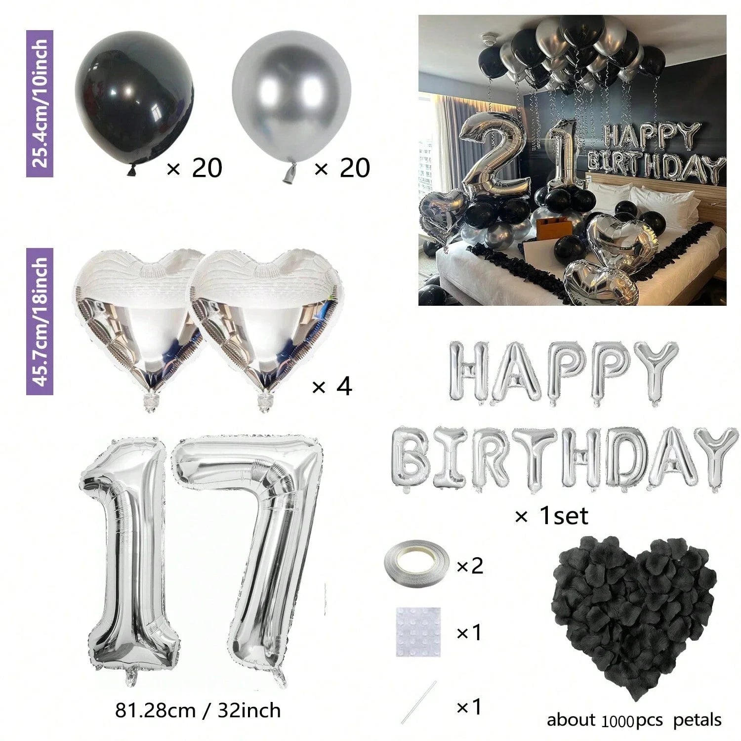 1050pcs Black & Silver Party Balloons Decorations with Silver Happy Birthday Banner Chrome Silver Balloons for kids and adults