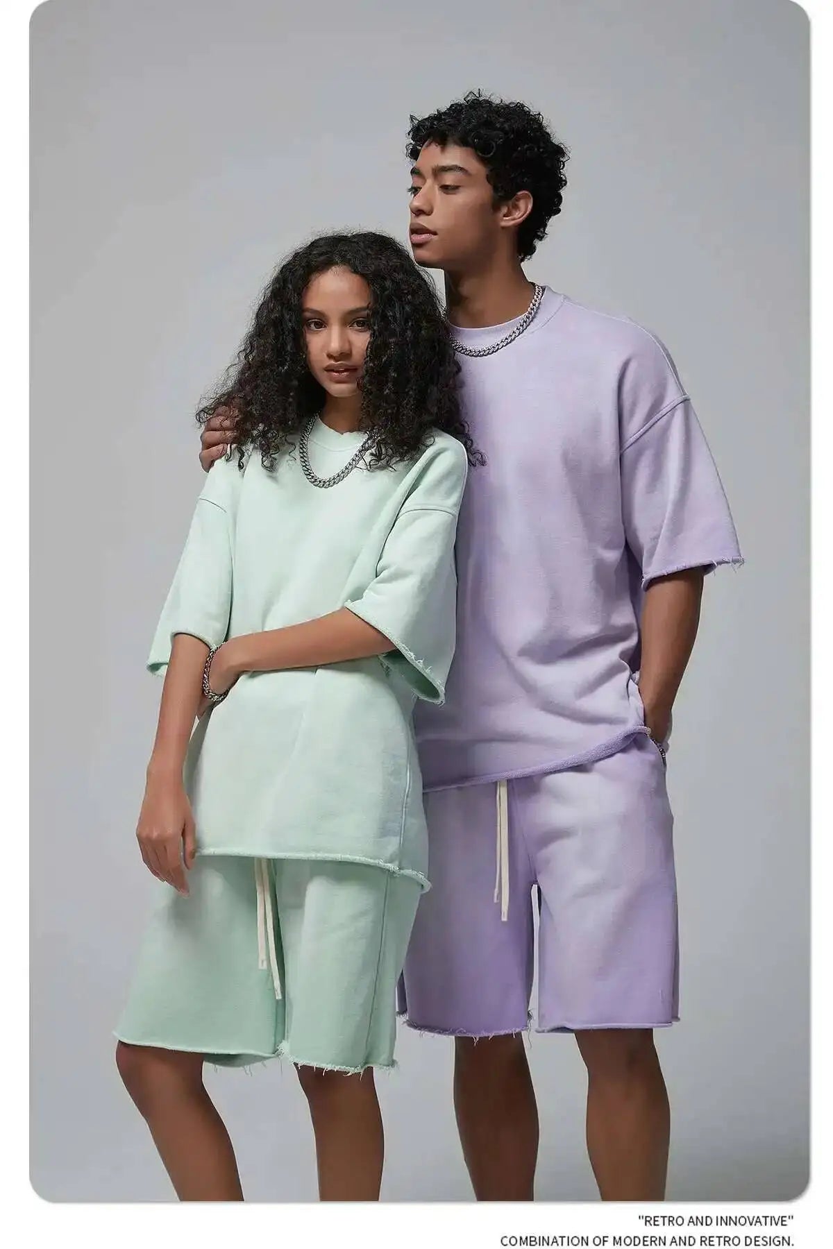 IEFB Spray Dye Washed Male Two-piece Set Light Brushed Short Sleeve T-shirt Elastic Waist Shorts Couple New Fashion Suit