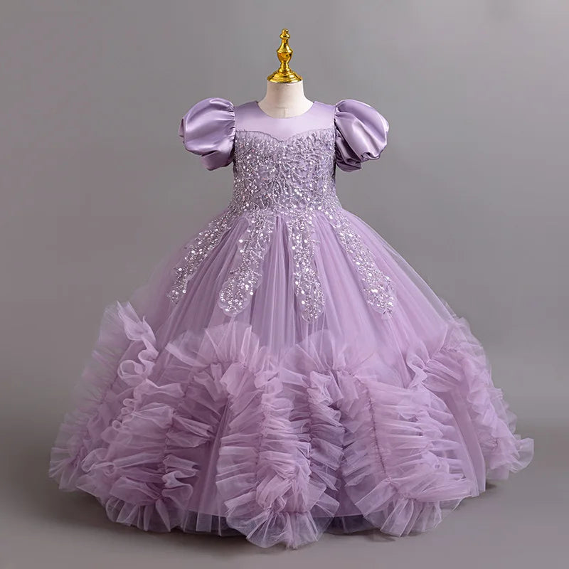 HETISO Girls Elegant Dresses Sequins Luxury Birthday Party Wedding Halloween Prom Gown Children's Princess Frocks 4 6 8 10 12Y