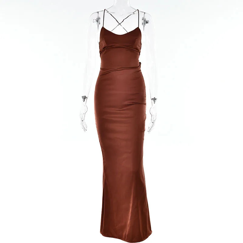 Sexy Spaghetti Strap Satin Dresses Women Elegant Backless Lace Up Mermaid Dress Woman Sleeveless Slim Bodycon Party Long Dress