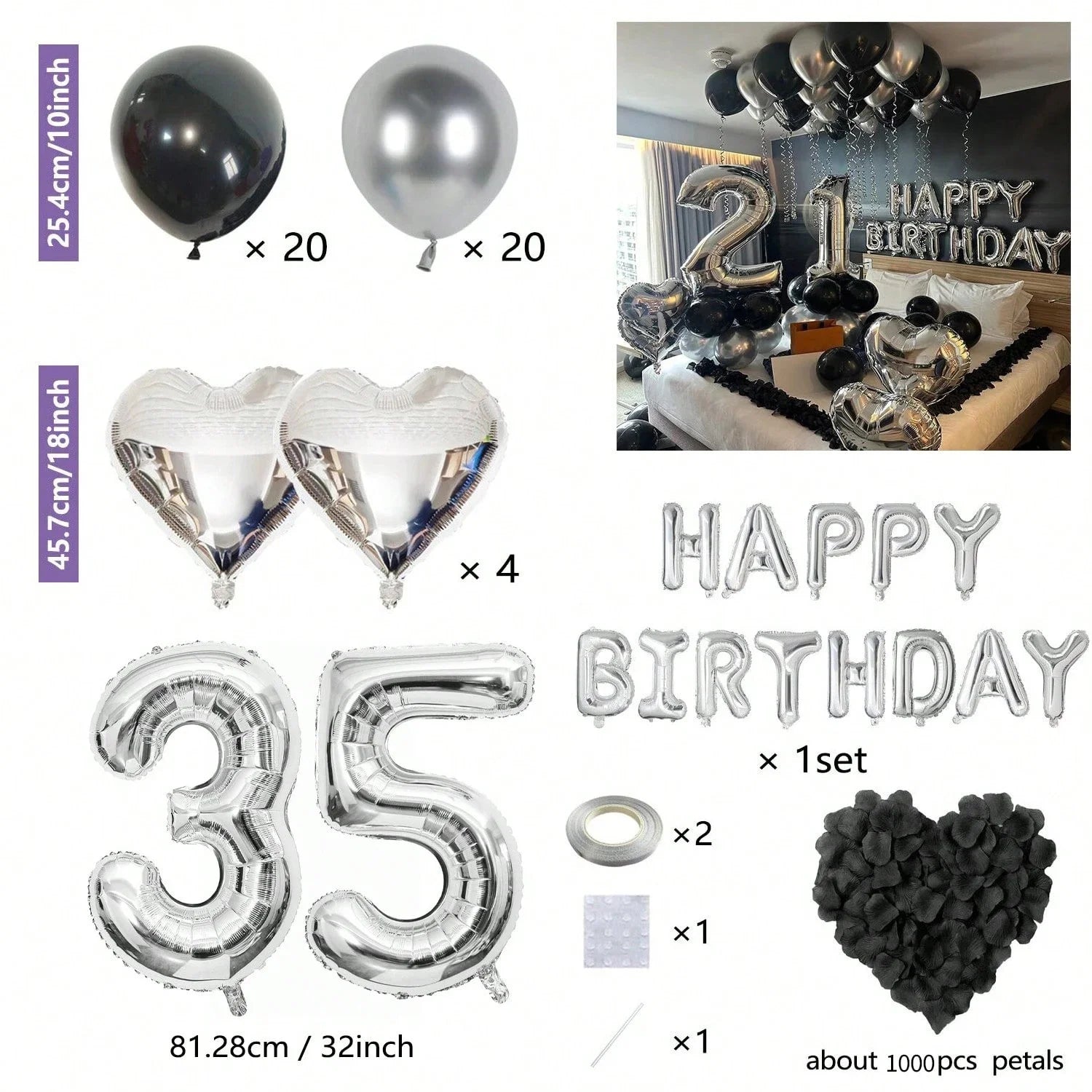 1050pcs Black & Silver Party Balloons Decorations with Silver Happy Birthday Banner Chrome Silver Balloons for kids and adults