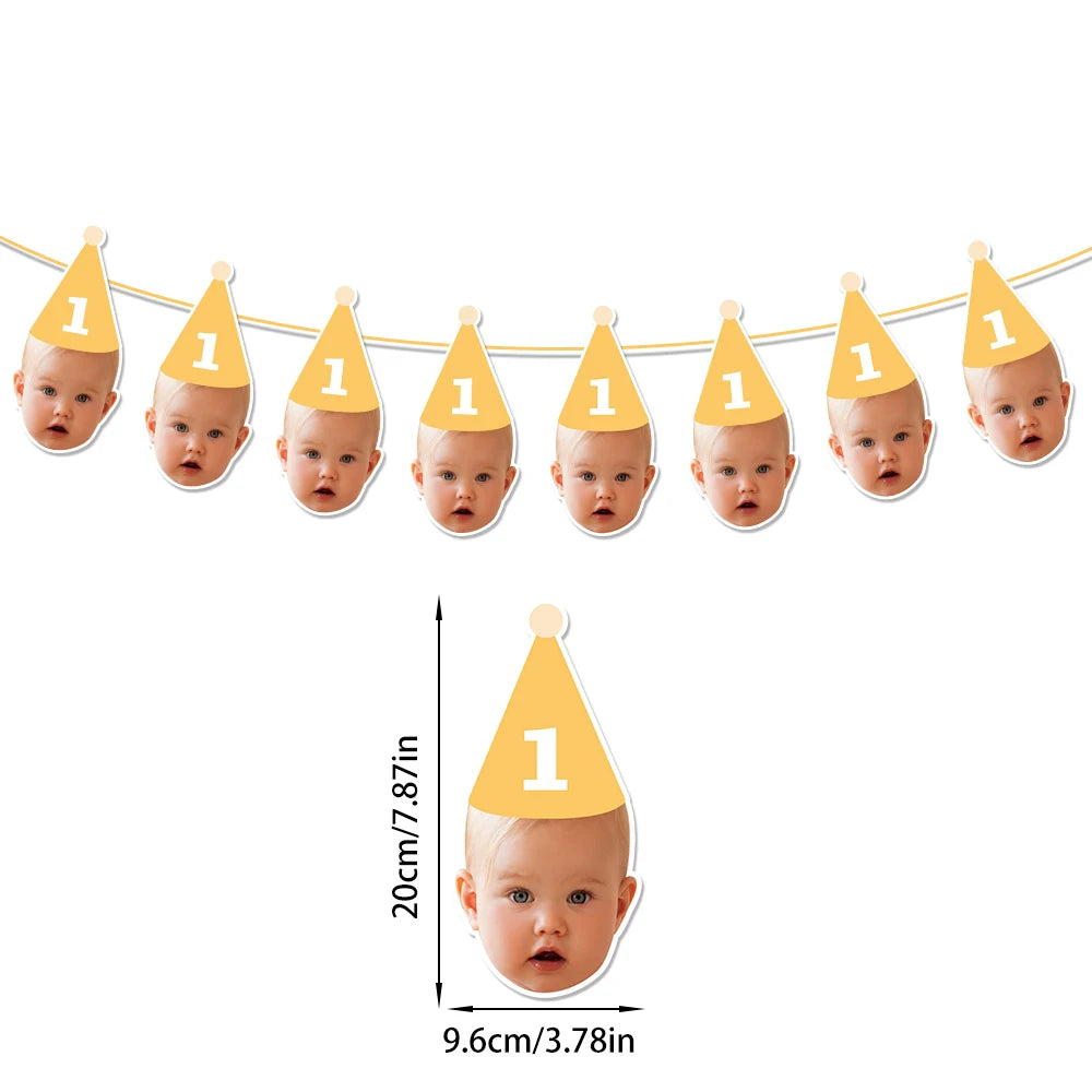 Custom Birthday Party Face Photo Banner with Age Numbers Birthday Hat Pattern Garland Kids 1st Birthday Party Baby Shower Decor