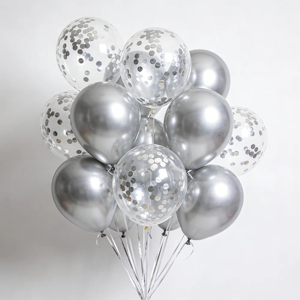 20pcs 12in Metal Gold Silver & Transparent Balloons with Gold Glitter Paper Scraps for Birthday Wedding Party Decor