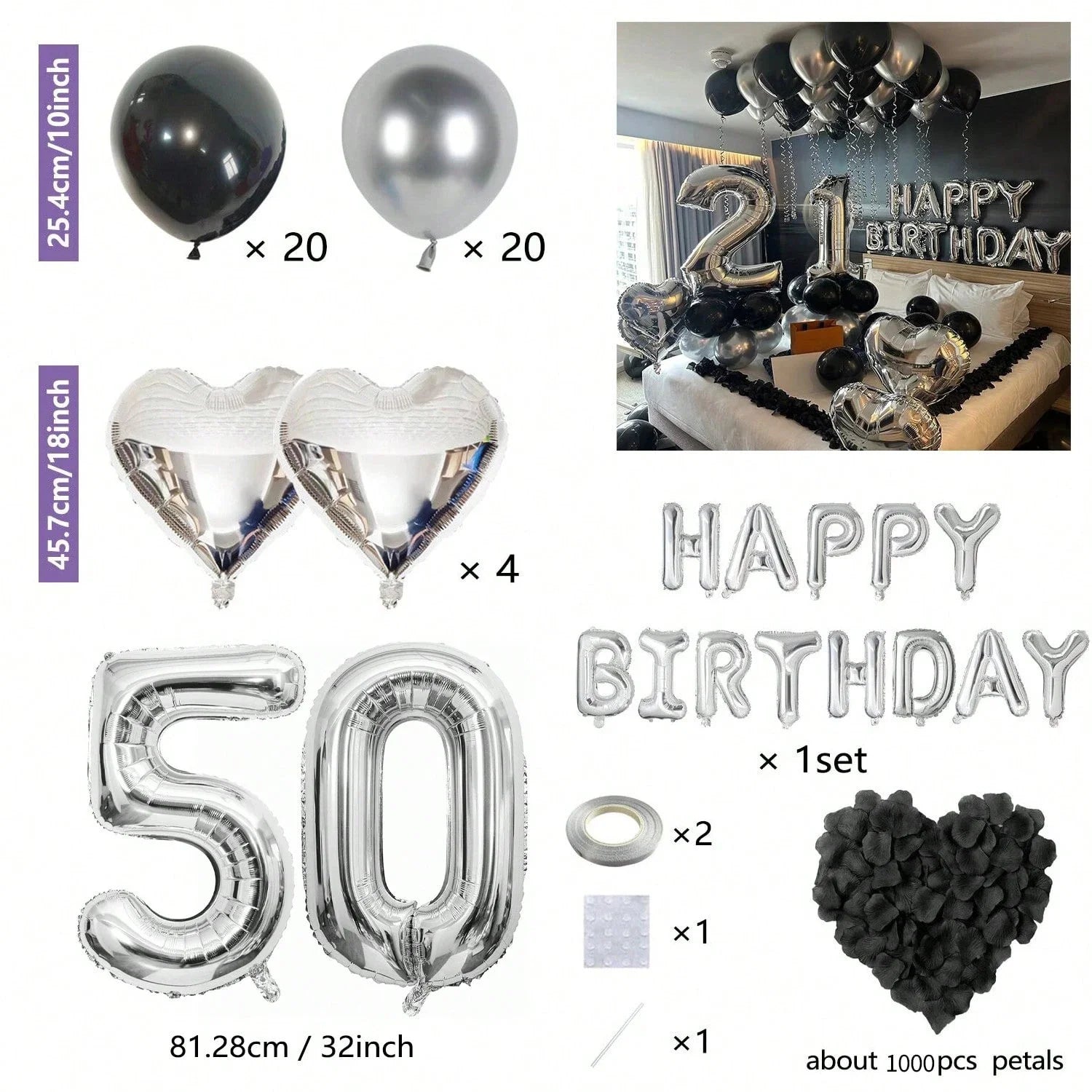1050pcs Black & Silver Party Balloons Decorations with Silver Happy Birthday Banner Chrome Silver Balloons for kids and adults