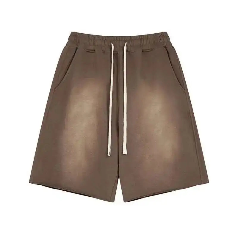 IEFB Spray Dye Washed Male Two-piece Set Light Brushed Short Sleeve T-shirt Elastic Waist Shorts Couple New Fashion Suit