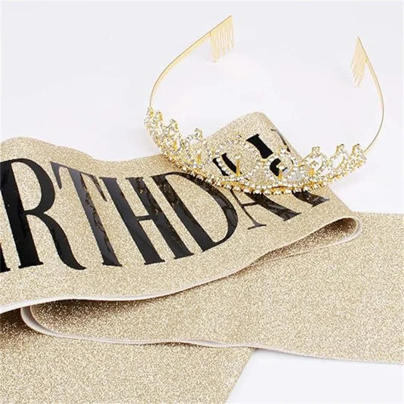 Bling Rhinestone Crystal Crown Birthday Anniversary Decoration Happy Birthday Queen Satin Sash Party Supplies