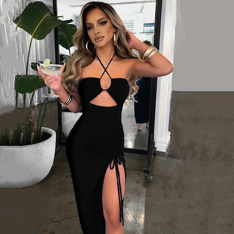 Cryptographic Hot Summer Sexy Halter Backless Sleeveless Cut Out Maxi Dress for Women Elegant Club Party Slit Dresses Vestido
