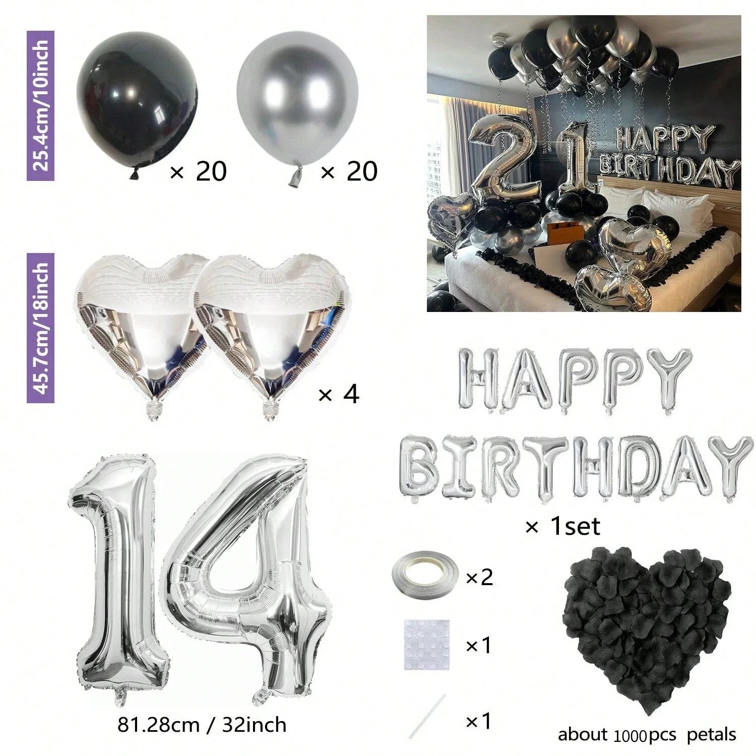 1050pcs Black & Silver Party Balloons Decorations with Silver Happy Birthday Banner Chrome Silver Balloons for kids and adults