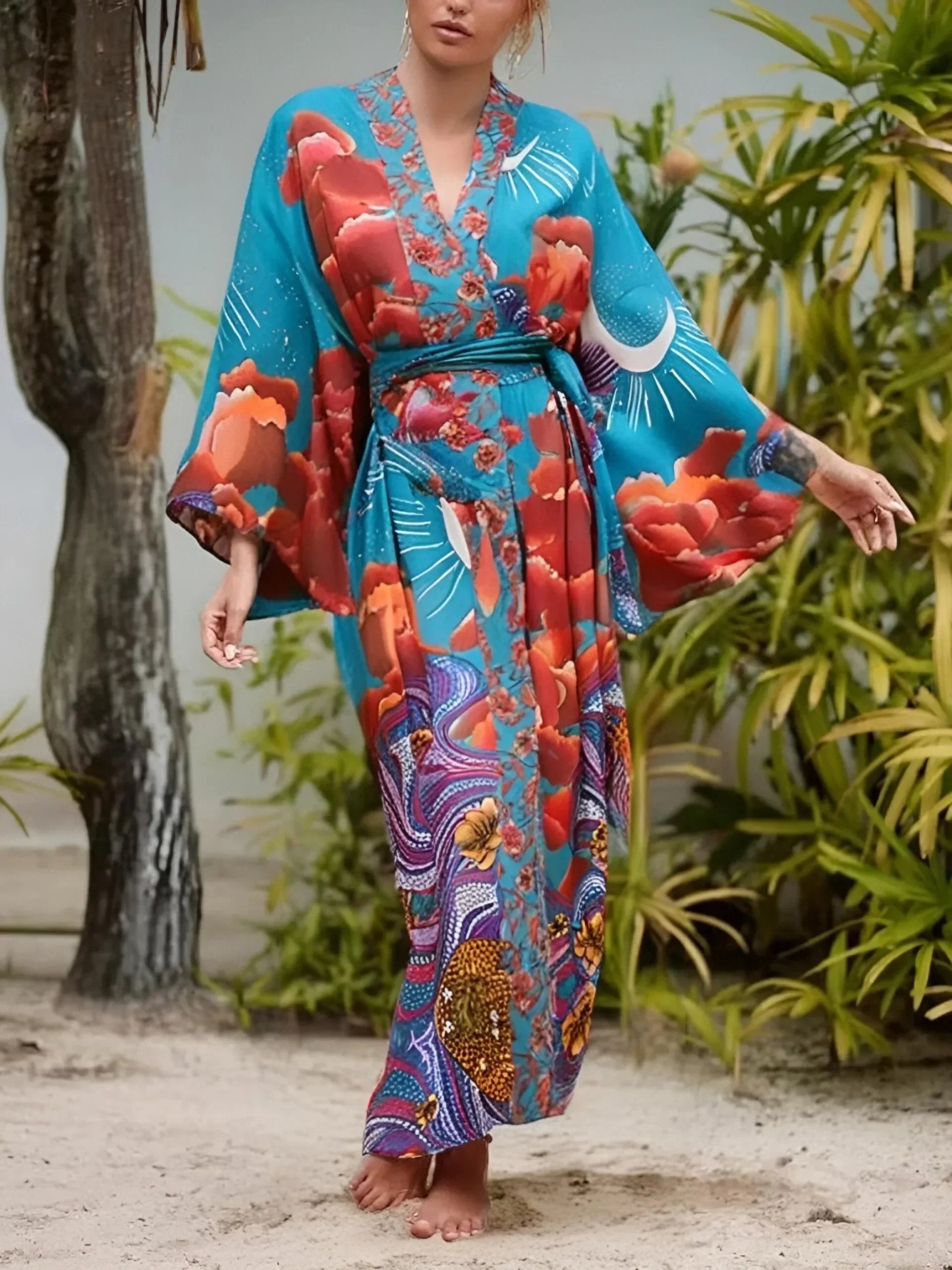 Boho Queens Women Star and Moon Floral Print Bat Sleeve Beach Bohemian Kimono Dresses Robe Ladies Summer Bikini Cover-ups