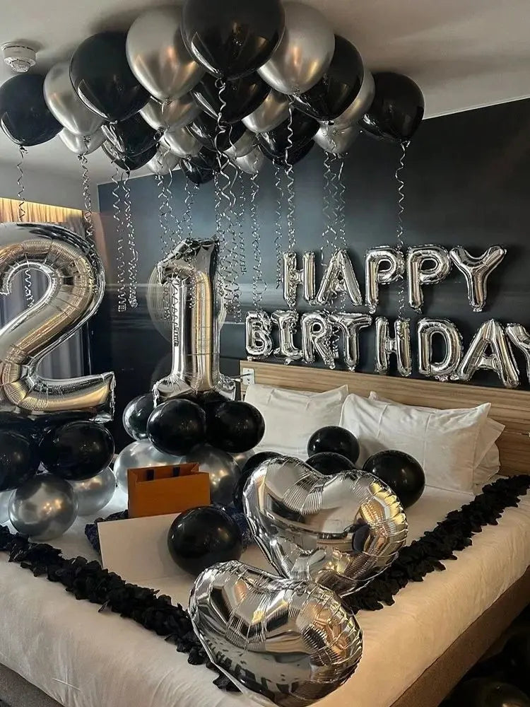 1050pcs Black & Silver Party Balloons Decorations with Silver Happy Birthday Banner Chrome Silver Balloons for kids and adults