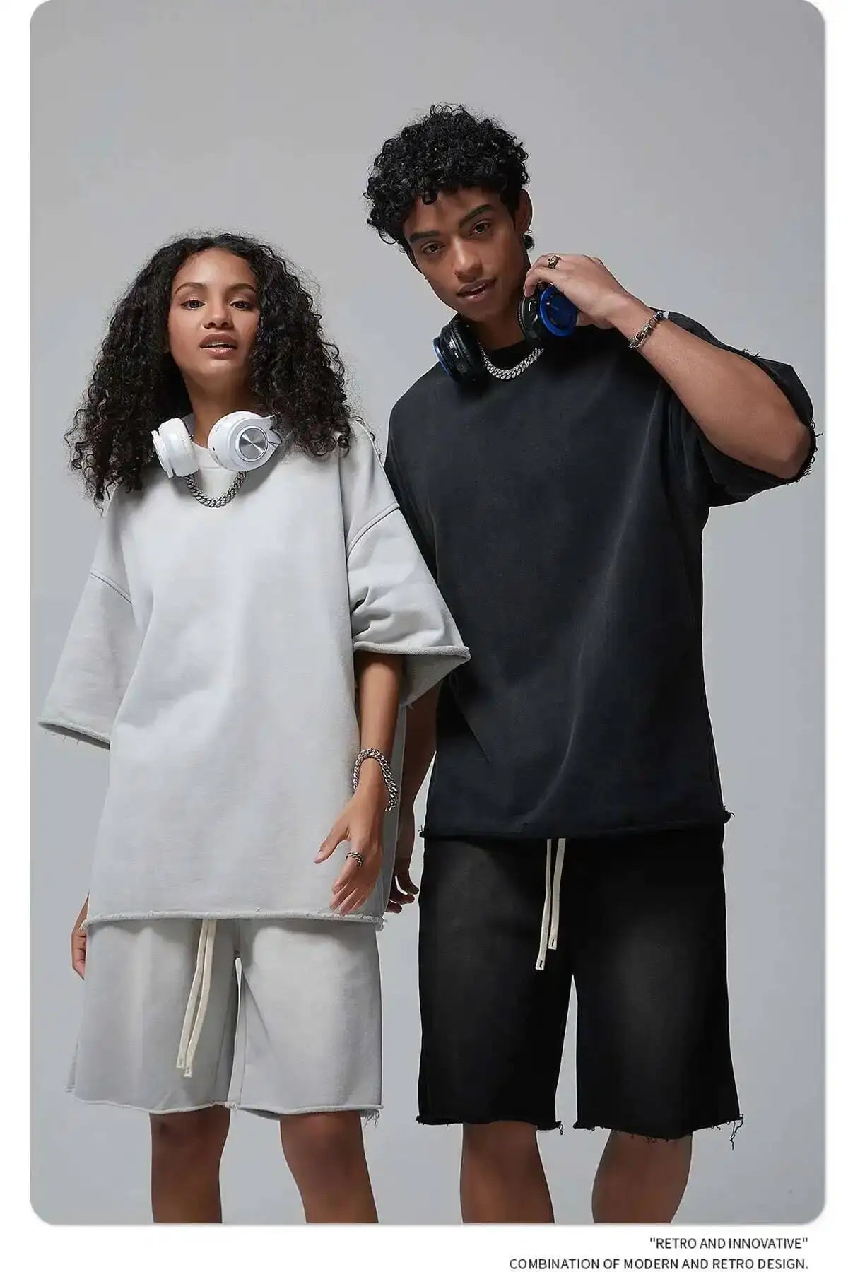 IEFB Spray Dye Washed Male Two-piece Set Light Brushed Short Sleeve T-shirt Elastic Waist Shorts Couple New Fashion Suit