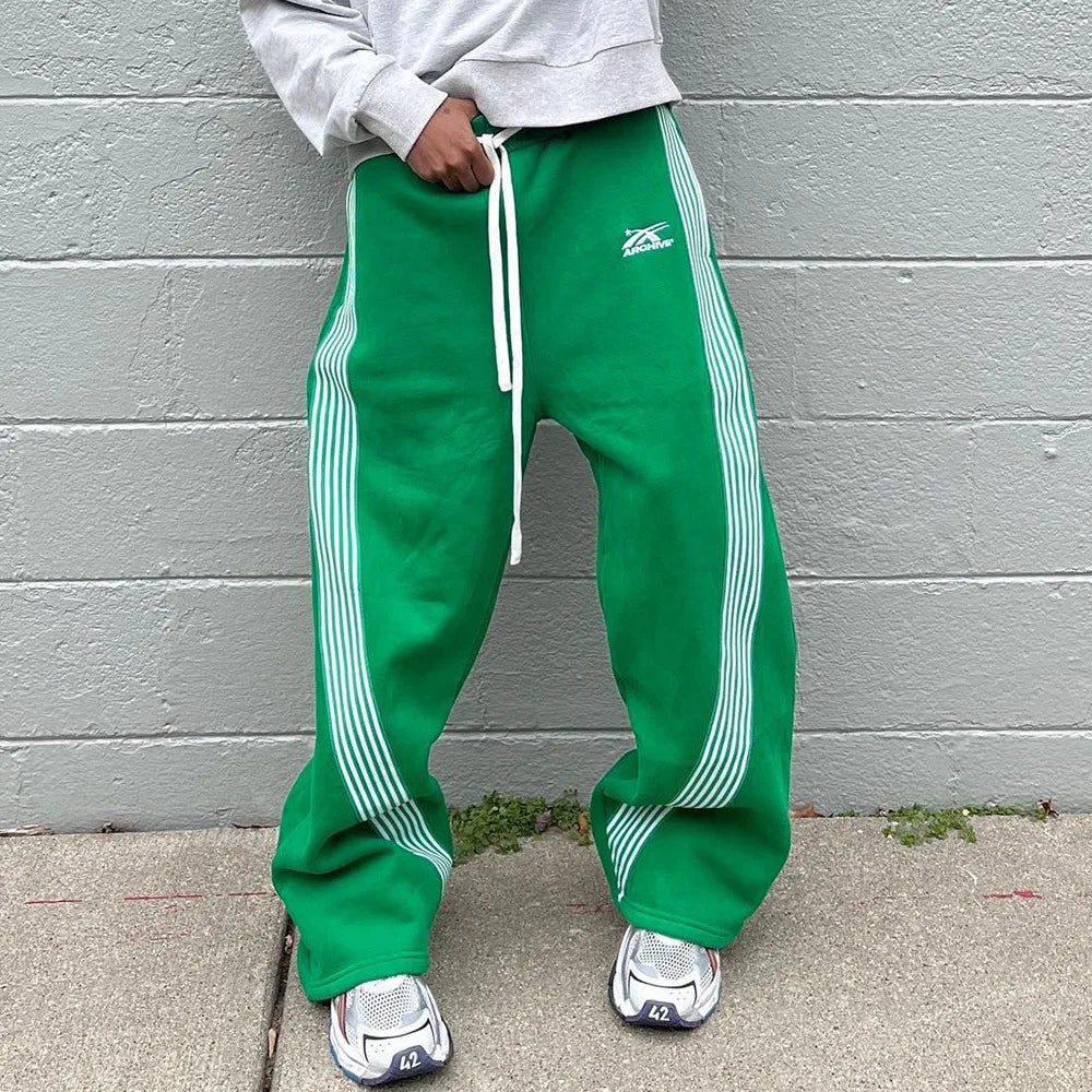 Men's Casual Striped Loose Wide Leg Pants Drawstring Straight Leg Sport Trousers Autumn Winter Fashion City Youth Polyester