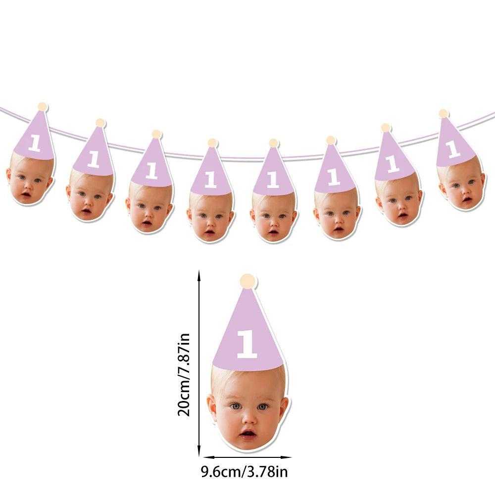 Custom Birthday Party Face Photo Banner with Age Numbers Birthday Hat Pattern Garland Kids 1st Birthday Party Baby Shower Decor