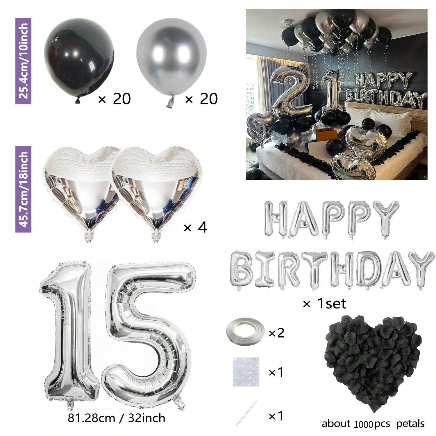 1050pcs Black & Silver Party Balloons Decorations with Silver Happy Birthday Banner Chrome Silver Balloons for kids and adults