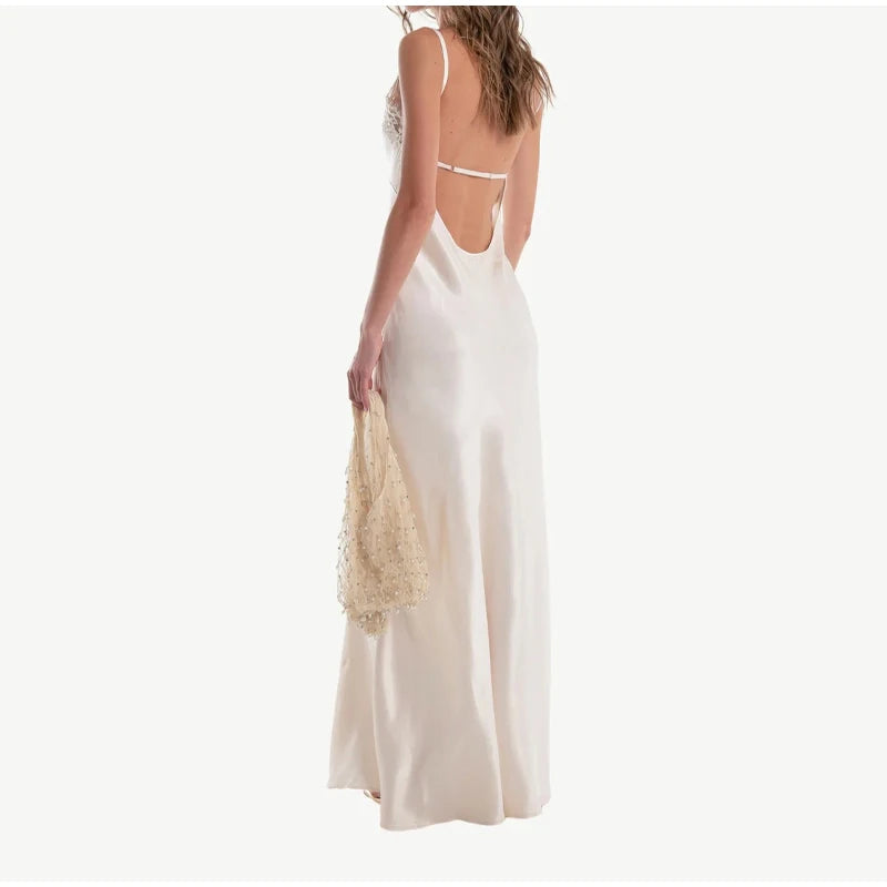 Lace Patchwork Sling Maxi Dress Women Sexy Solid V-neck Sleeveless Backless Satin Slim Long Gown Lady Chic Evening Party Dresses