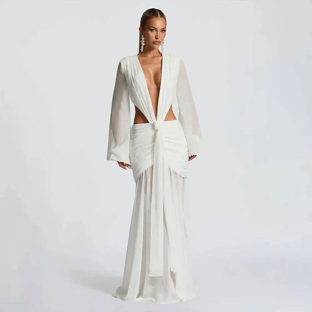Avrilyaan  Deep V Hollow Chiffon Backless Sexy Party Dress Women 2025 Spring Summer Dress Nightclub Bodycon Maxi Long Dresses