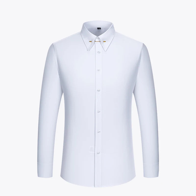 Embroidered French Cufflinks Men's Long-Sleeve Shirt with Collar Pins, Big Collar Dress Shirt for Business Formal Wear, Gentlema