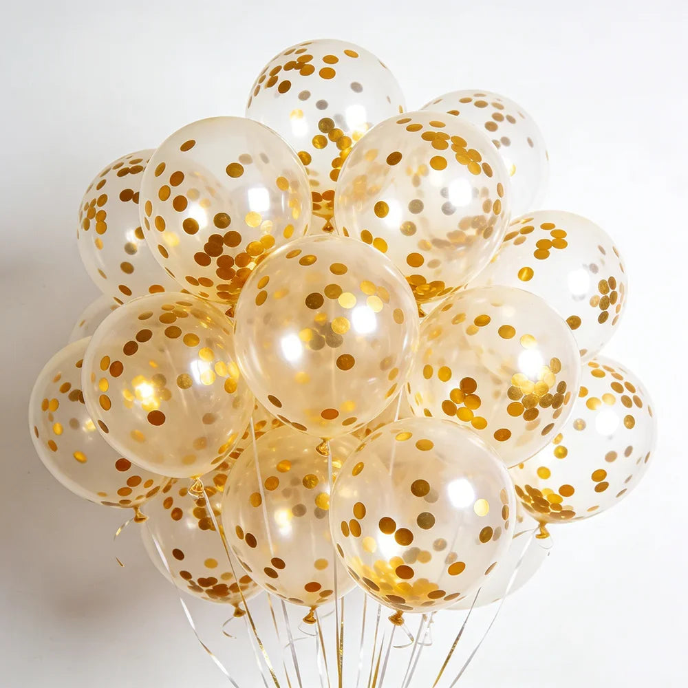 20pcs 12in Metal Gold Silver & Transparent Balloons with Gold Glitter Paper Scraps for Birthday Wedding Party Decor