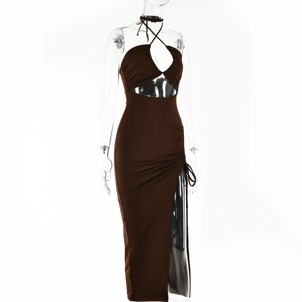Cryptographic Hot Summer Sexy Halter Backless Sleeveless Cut Out Maxi Dress for Women Elegant Club Party Slit Dresses Vestido