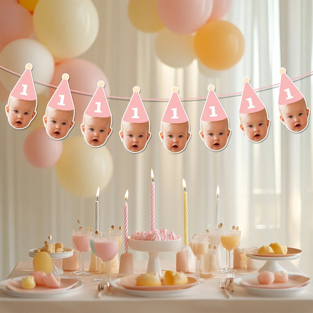 Custom Birthday Party Face Photo Banner with Age Numbers Birthday Hat Pattern Garland Kids 1st Birthday Party Baby Shower Decor