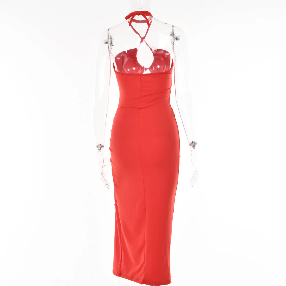 Cryptographic Hot Summer Sexy Halter Backless Sleeveless Cut Out Maxi Dress for Women Elegant Club Party Slit Dresses Vestido