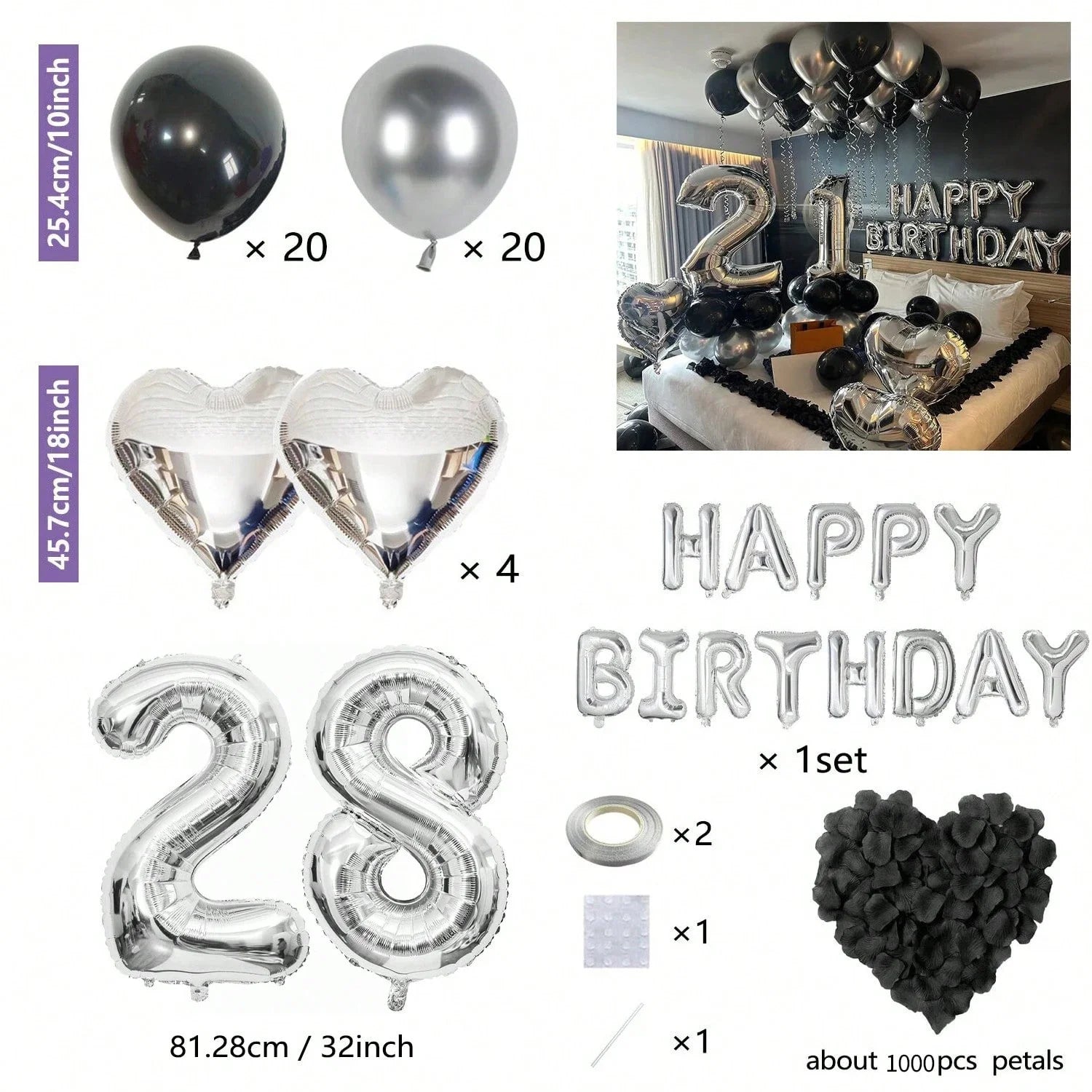 1050pcs Black & Silver Party Balloons Decorations with Silver Happy Birthday Banner Chrome Silver Balloons for kids and adults