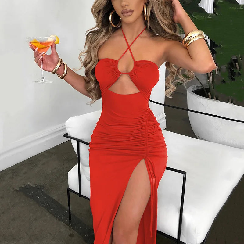 Cryptographic Hot Summer Sexy Halter Backless Sleeveless Cut Out Maxi Dress for Women Elegant Club Party Slit Dresses Vestido