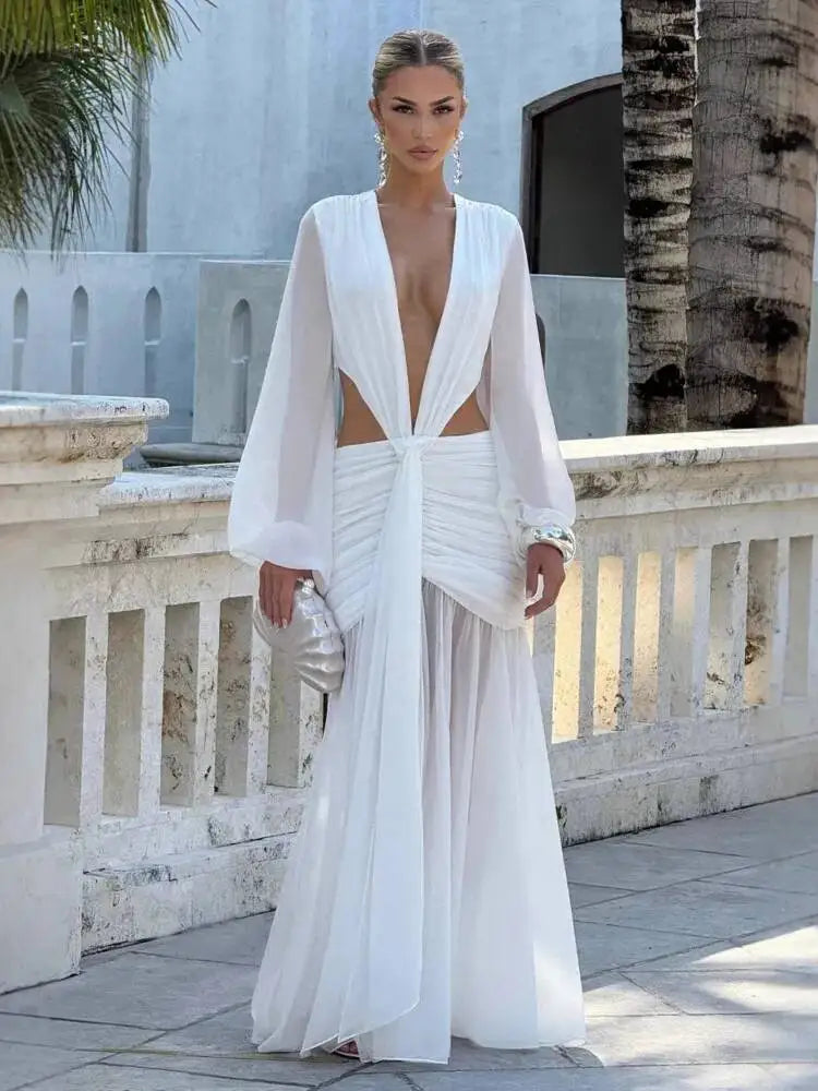 Avrilyaan  Deep V Hollow Chiffon Backless Sexy Party Dress Women 2025 Spring Summer Dress Nightclub Bodycon Maxi Long Dresses