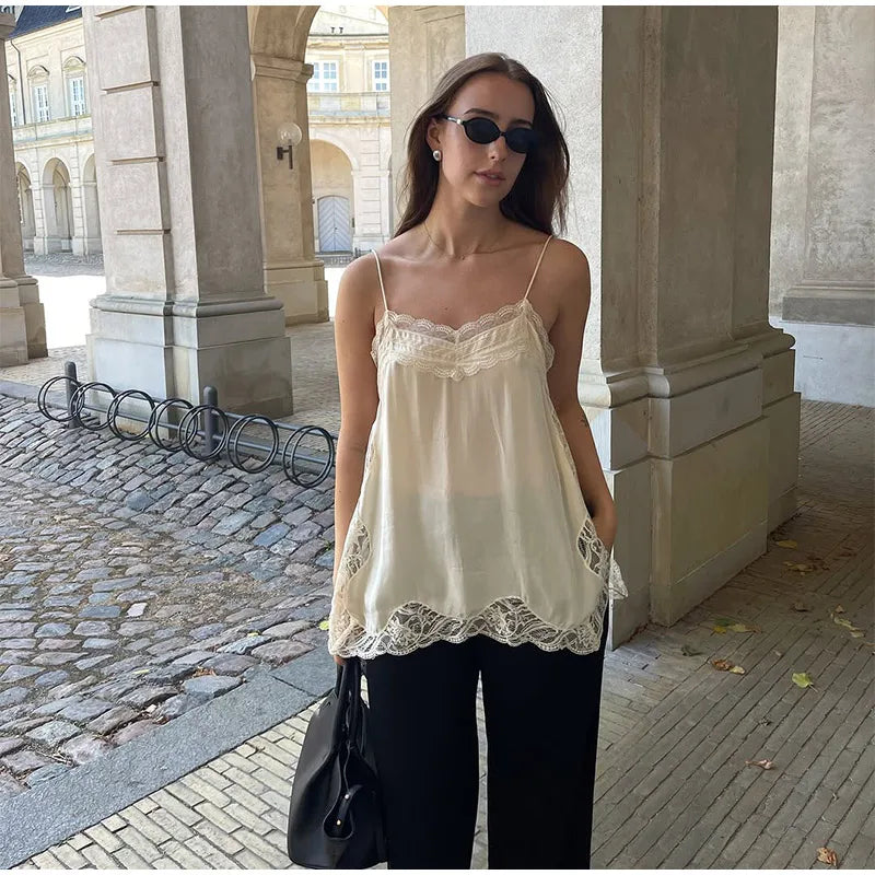 Lace Patchwork Sling Maxi Dress Women Sexy Solid V-neck Sleeveless Backless Satin Slim Long Gown Lady Chic Evening Party Dresses