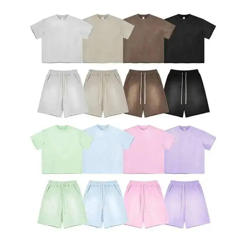 IEFB Spray Dye Washed Male Two-piece Set Light Brushed Short Sleeve T-shirt Elastic Waist Shorts Couple New Fashion Suit