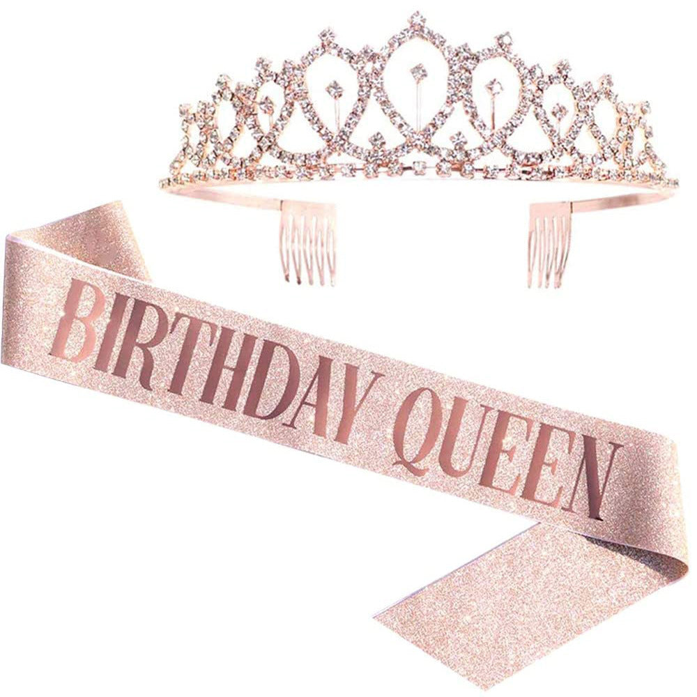 Bling Rhinestone Crystal Crown Birthday Anniversary Decoration Happy Birthday Queen Satin Sash Party Supplies