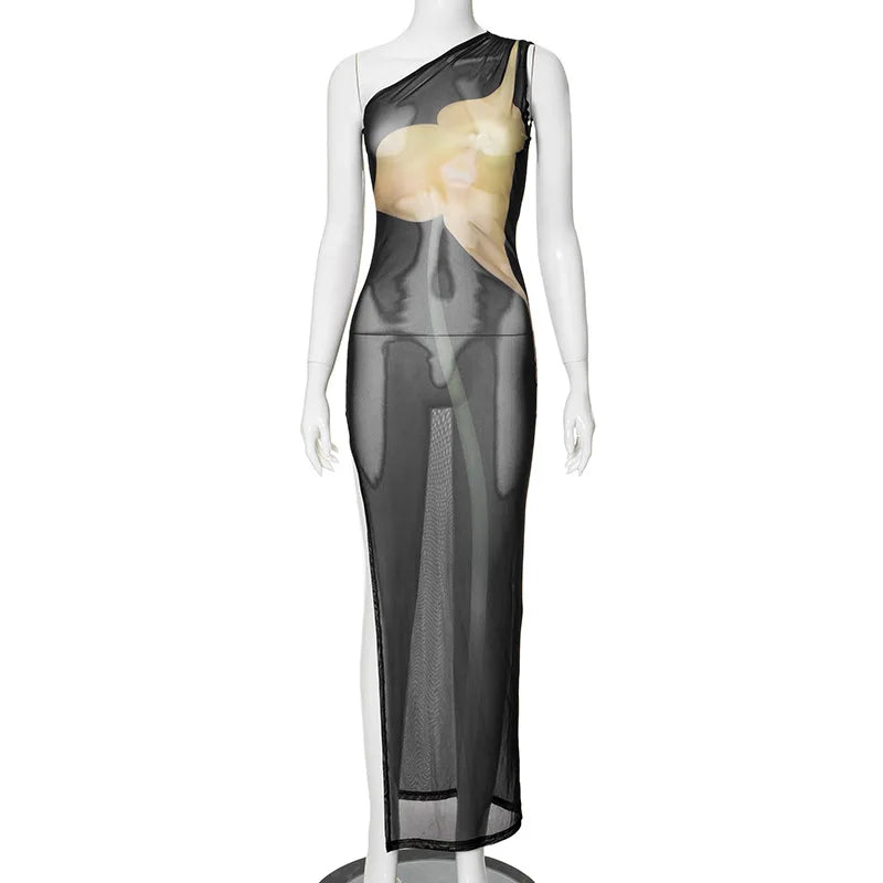 Mesh See Through Y2K Print Bodycon Sexy Party Club Maxi Split Dress Women Summer One Shoulder Backless Beach Long Dresses Outfit