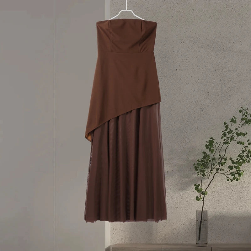Elegant Strapless Long Dress Women Sexy Patchwork Mesh Sleeveless Sacrf Vestidos Female 2025 Spring Split Evening Dresses Lady