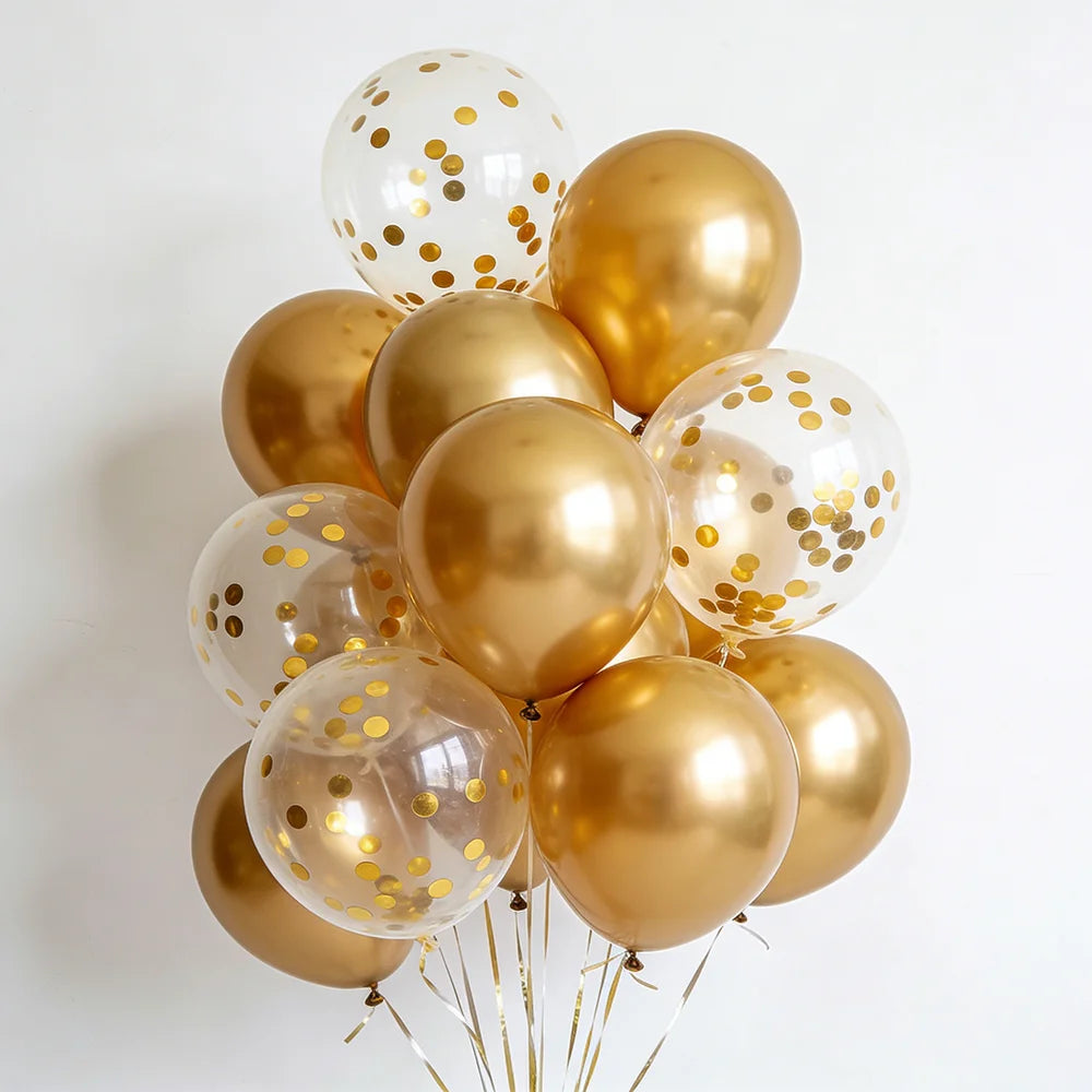 20pcs 12in Metal Gold Silver & Transparent Balloons with Gold Glitter Paper Scraps for Birthday Wedding Party Decor