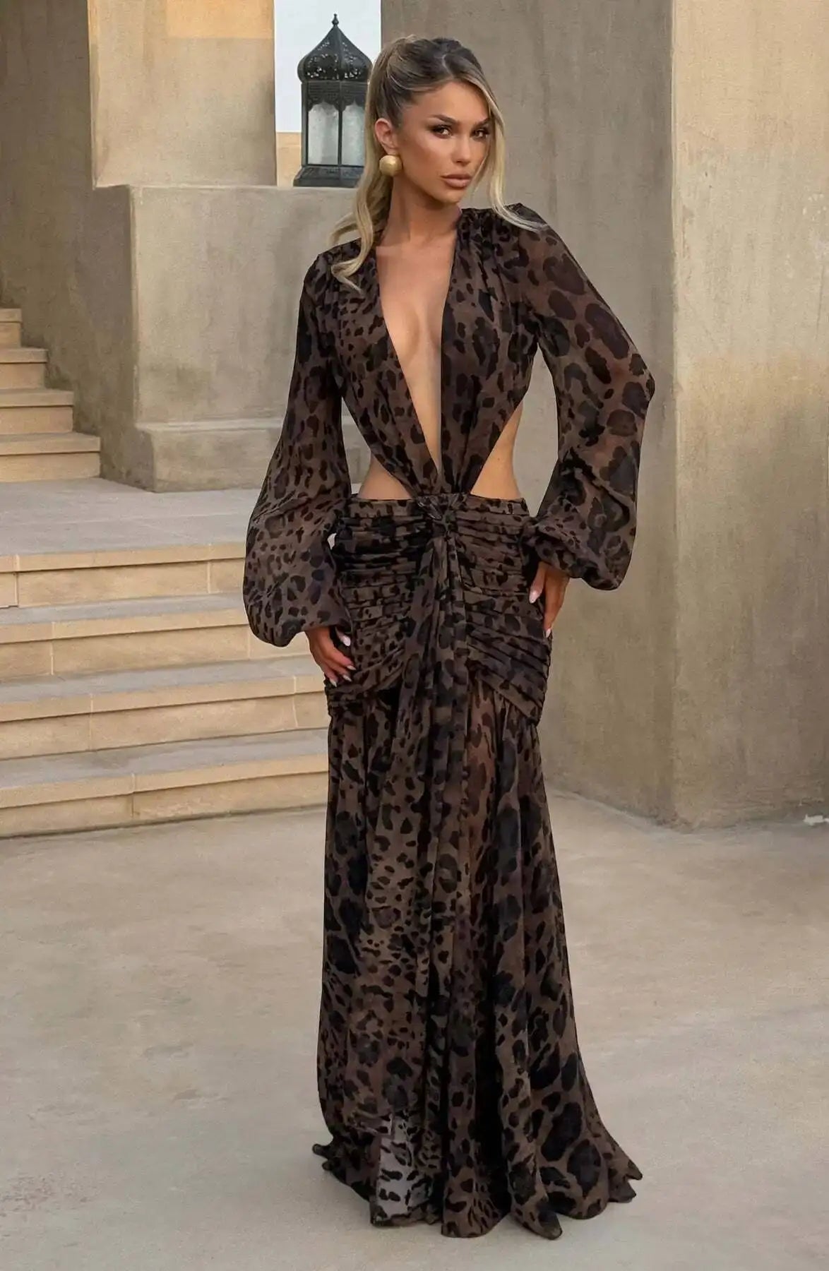 Avrilyaan  Deep V Hollow Chiffon Backless Sexy Party Dress Women 2025 Spring Summer Dress Nightclub Bodycon Maxi Long Dresses