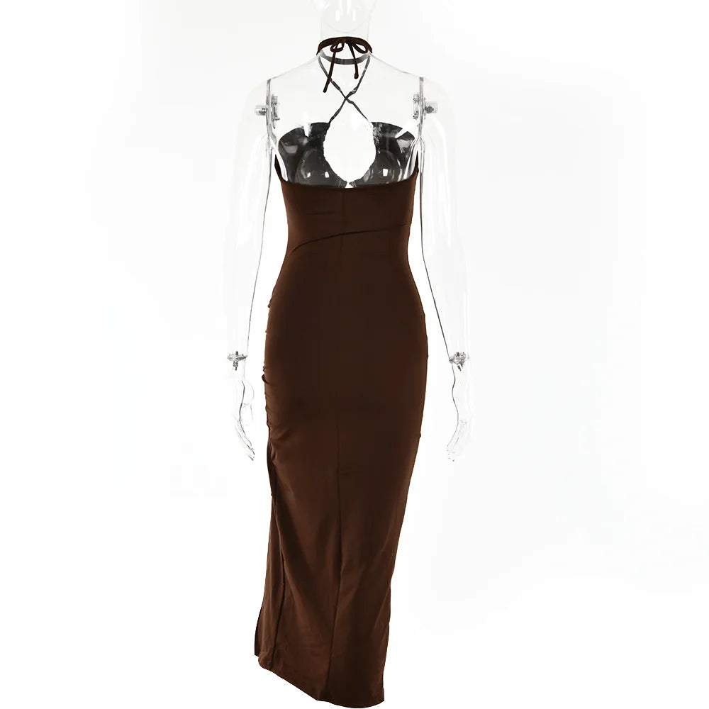 Cryptographic Hot Summer Sexy Halter Backless Sleeveless Cut Out Maxi Dress for Women Elegant Club Party Slit Dresses Vestido