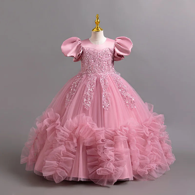 HETISO Girls Elegant Dresses Sequins Luxury Birthday Party Wedding Halloween Prom Gown Children's Princess Frocks 4 6 8 10 12Y