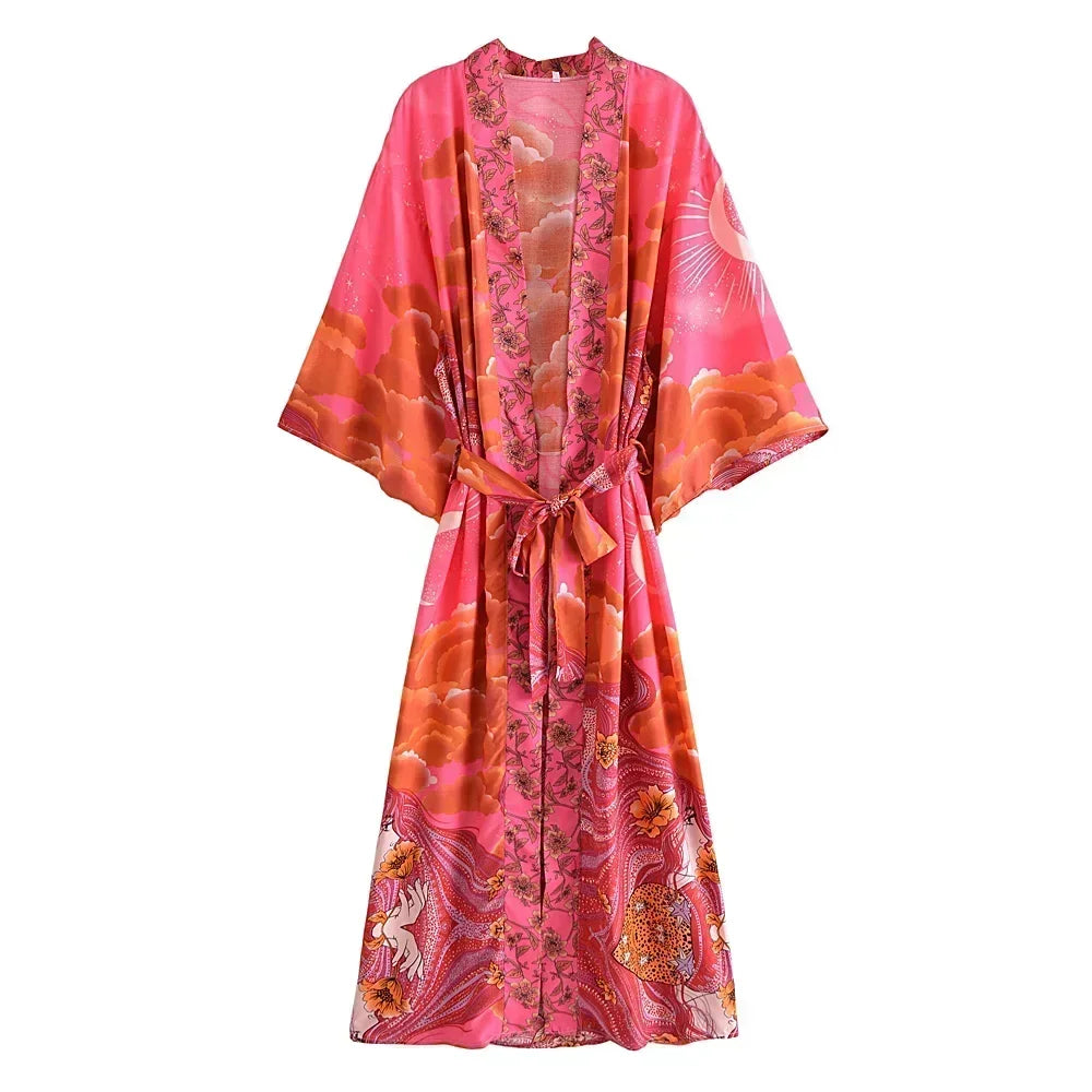 Boho Queens Women Star and Moon Floral Print Bat Sleeve Beach Bohemian Kimono Dresses Robe Ladies Summer Bikini Cover-ups
