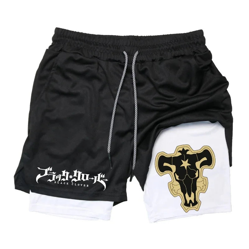 Summer New Black Five-leaf Clover Printed Men's and Women's Shorts Double-layer Loose Sports and Casual Pants for Beach Fitness