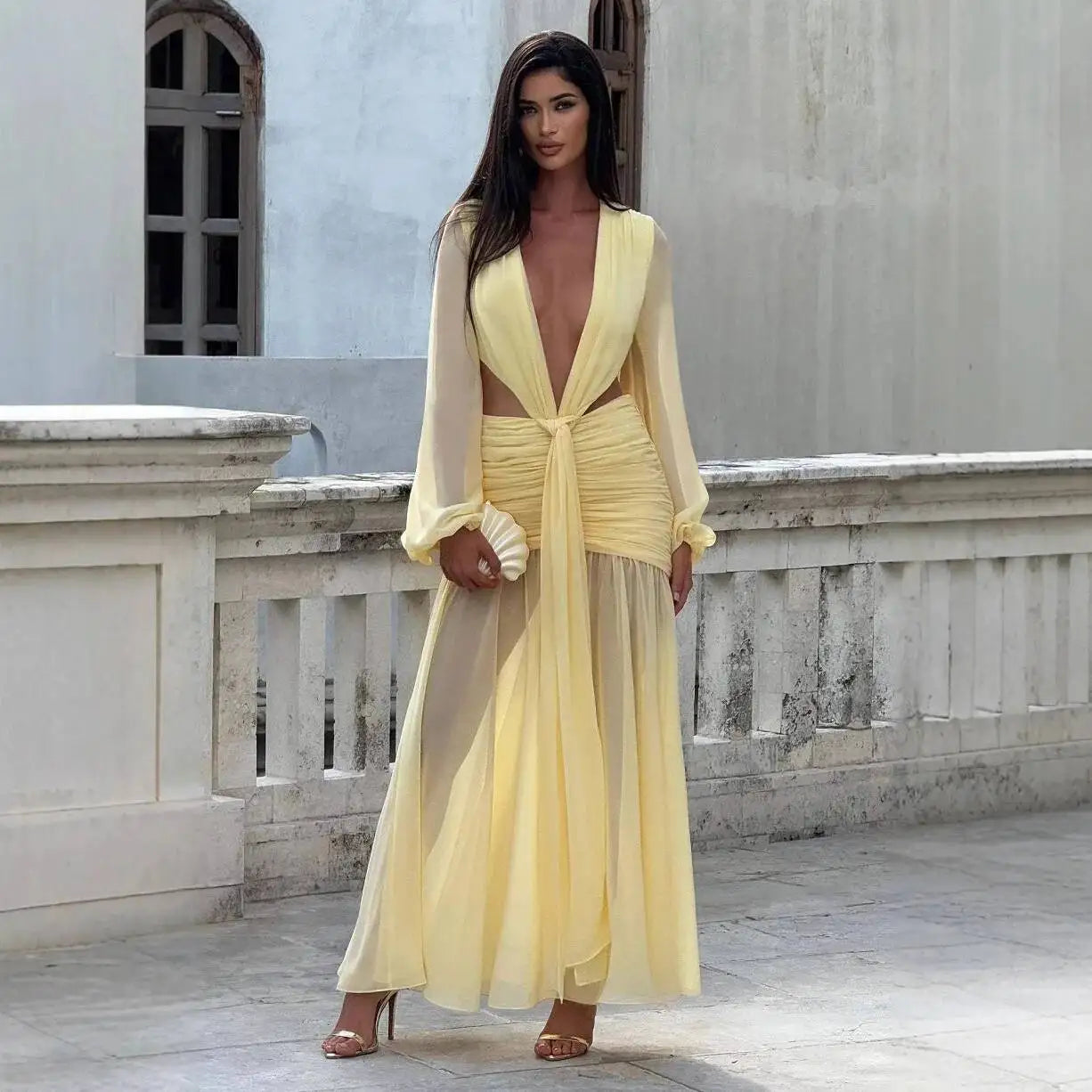 Avrilyaan  Deep V Hollow Chiffon Backless Sexy Party Dress Women 2025 Spring Summer Dress Nightclub Bodycon Maxi Long Dresses