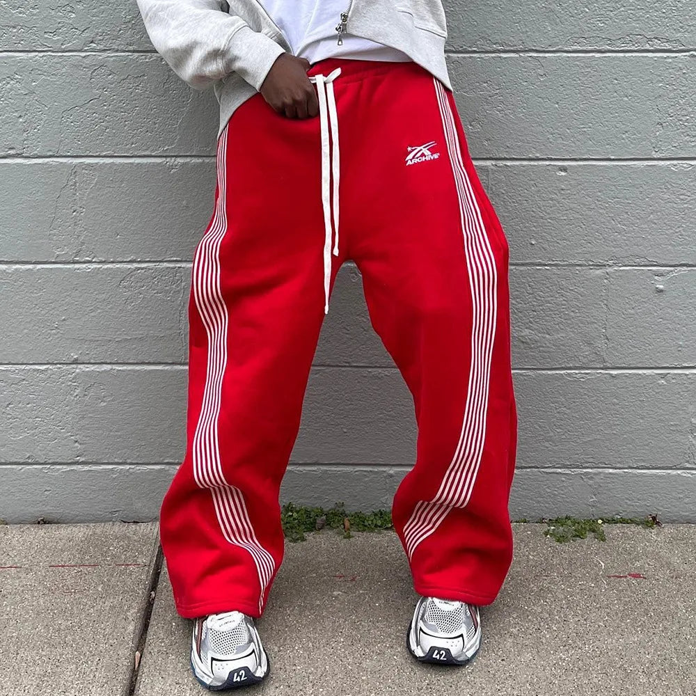Men's Casual Striped Loose Wide Leg Pants Drawstring Straight Leg Sport Trousers Autumn Winter Fashion City Youth Polyester
