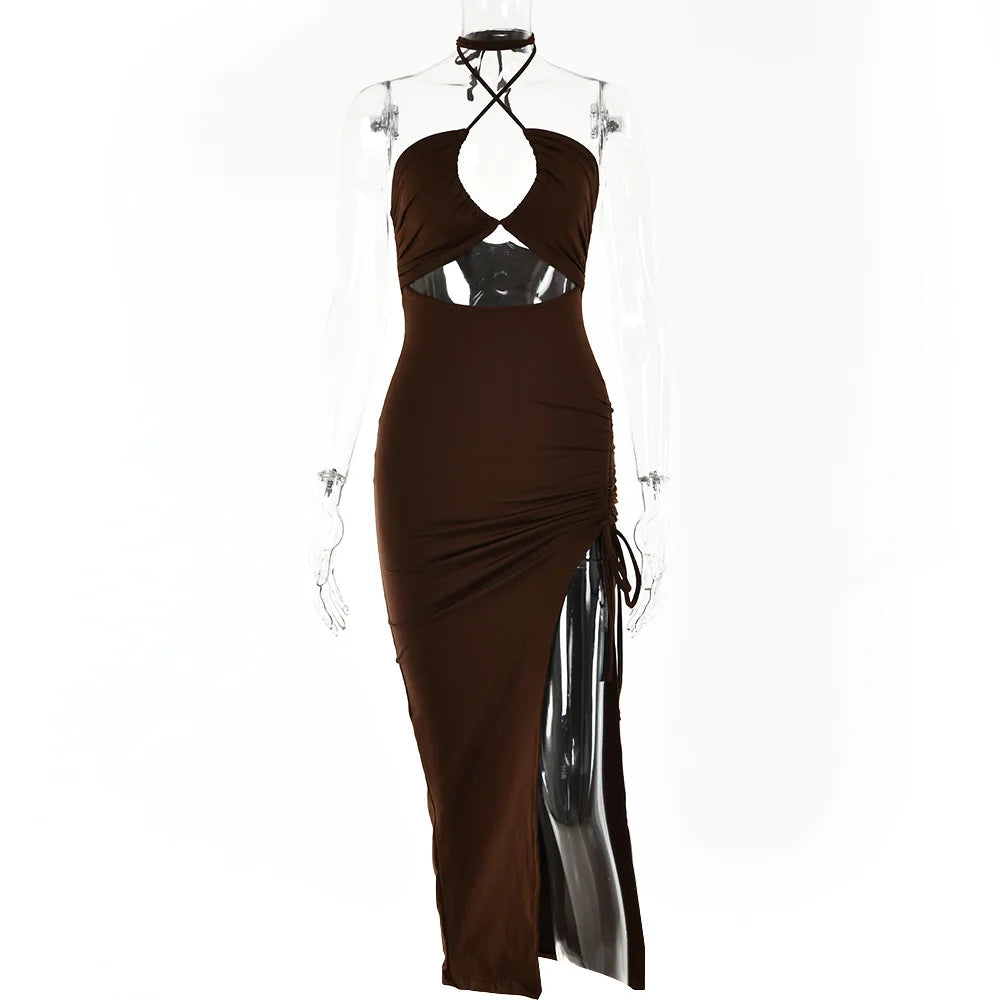 Cryptographic Hot Summer Sexy Halter Backless Sleeveless Cut Out Maxi Dress for Women Elegant Club Party Slit Dresses Vestido