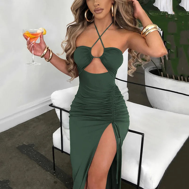 Cryptographic Hot Summer Sexy Halter Backless Sleeveless Cut Out Maxi Dress for Women Elegant Club Party Slit Dresses Vestido