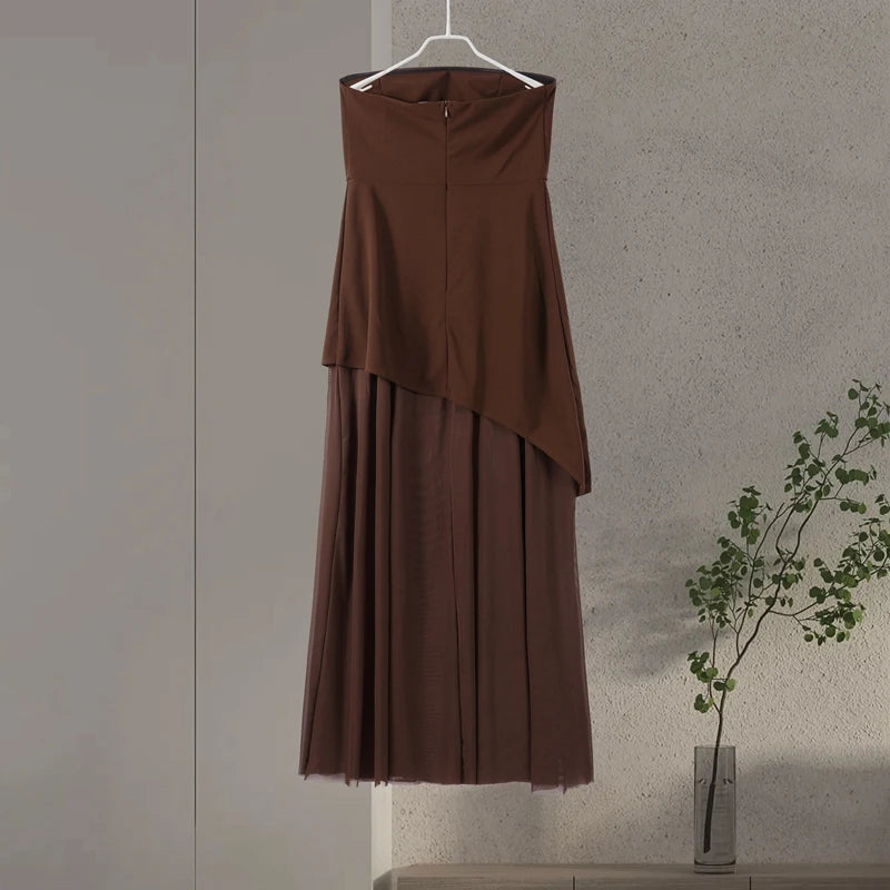 Elegant Strapless Long Dress Women Sexy Patchwork Mesh Sleeveless Sacrf Vestidos Female 2025 Spring Split Evening Dresses Lady