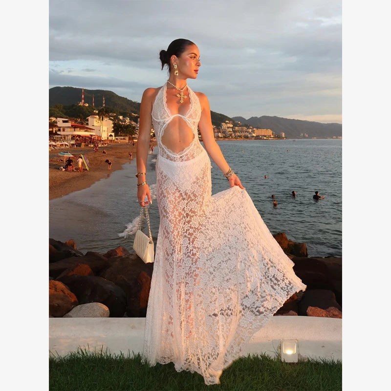 White Lace Hollow Out Halter Long Dress Women Sexy Sleeveless Off Shoulder Slim Maxi Dresses 2026 Lady Holiday Beach Vestidos